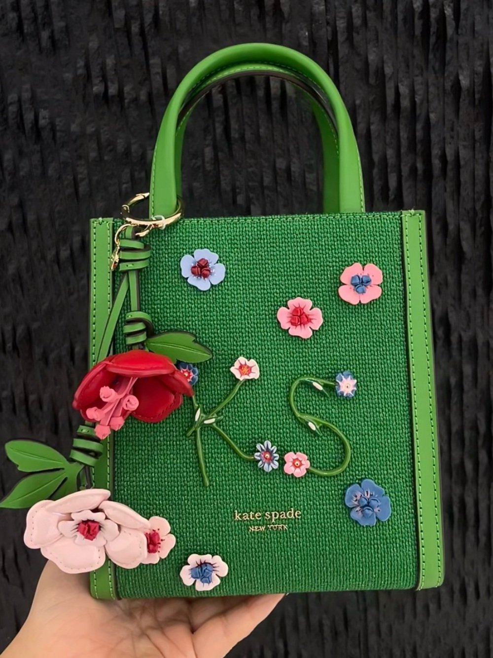NWT Kate Spade Novelty Manhattan Floral Appliqué Chenille Mini Tote Watercress